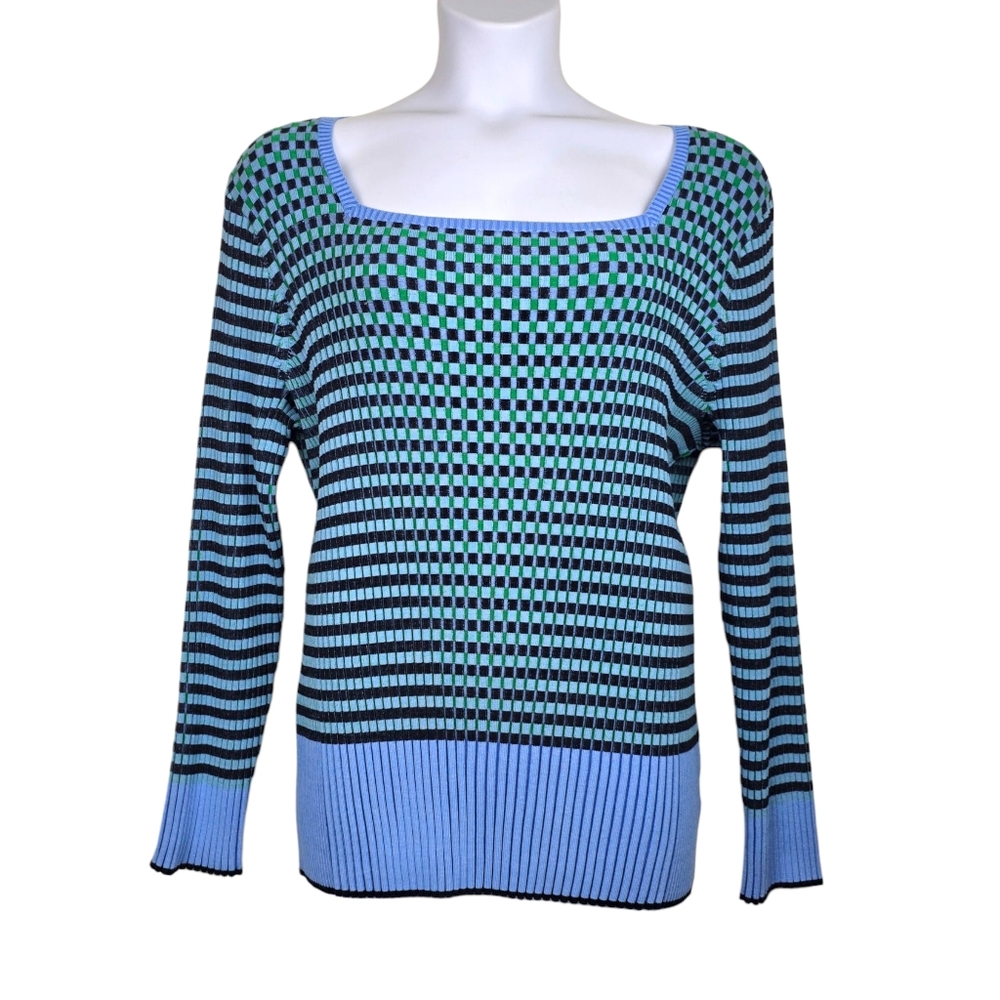 Talbots Womens Blue Plaited Stripe Square Neck Ribbed Knit Sweater Size 3X NWT